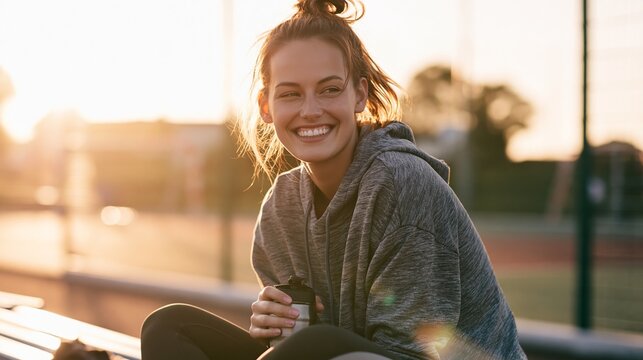 Young woman smiling, enjoying a break after sports training, feeling happy and refreshed in evening sunlight