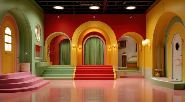 A vibrant and colorful interior space featuring arched doorways with red steps and green curtains inside a unique architectural building design