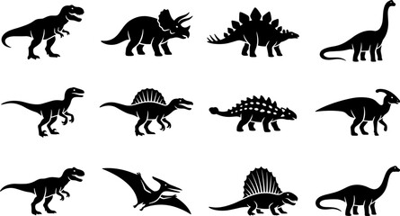 Collection of various dinosaur species black silhouettes set. © barry