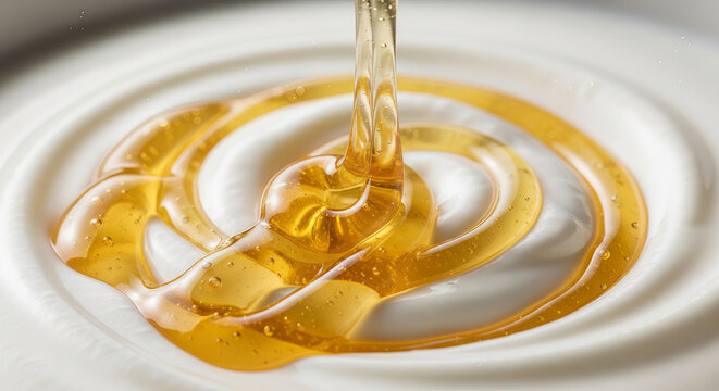 Golden Honey Dripping and Swirling into Creamy White Greek Yogurt or Milk Cream