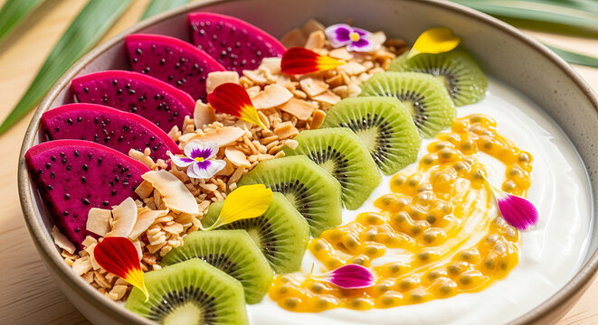 Healthy Tropical Smoothie Bowl with Dragon Fruit, Kiwi, Passion Fruit and Granola Topping