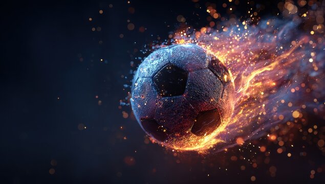 A dynamic soccer ball engulfed in bright orange flames and glowing sparks flying through the dark night sky representing intense athletic energy