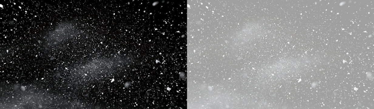 Real snowfall overlay with transparent and black background options. Winter blizzard flake particle effect
