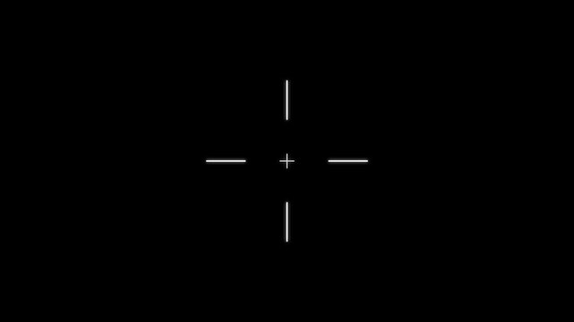 Simple white crosshair reticle isolated on a solid black background for digital interface and gaming targeting system visual