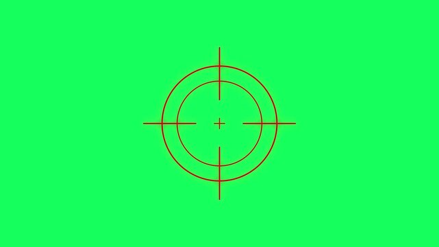 Red circular target crosshair reticle isolated on a bright green background for chroma key compositing and digital interface