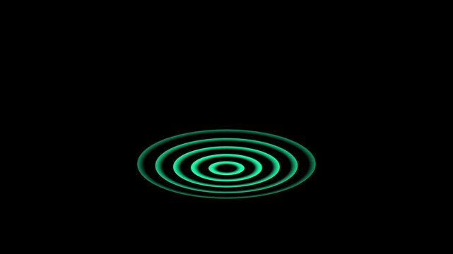 Glowing green concentric circles ripple effect on a solid black background representing sound waves or radar signal detection visual animation