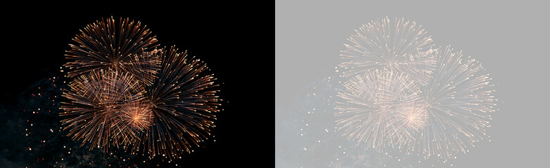 Obraz premium Cluster of golden fireworks explosions with falling sparks overlay on transparent background. Bright pyrotechnic display element for event poster