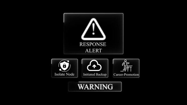 Digital interface display featuring a white warning triangle with the text response alert above three smaller and the word warning below