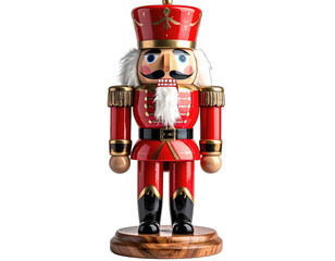 Fototapeta premium A festive red nutcracker soldier stands tall against a dark background.