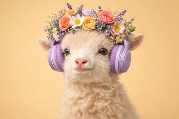 Fototapeta premium Adorable alpaca wearing floral headphones.