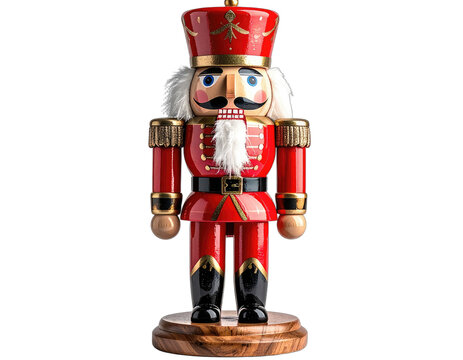 A festive red nutcracker soldier stands tall against a dark background.