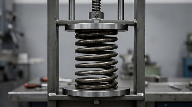 Large metal coil spring in industrial testing machine