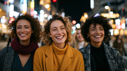 Fototapeta premium Female friends walking together across a brightly lit city square at night, fashionable outfits, joyful mood, authentic urban lifestyle concept,