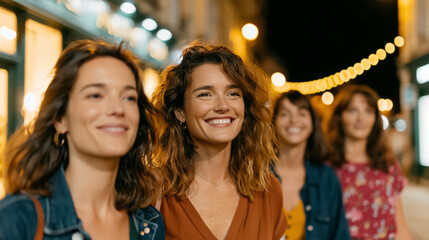 Fototapeta premium Group of women laughing together while walking downtown at night, illuminated storefronts, fashionable contemporary clothing, vibrant city atmosphere,, ideal for vacation ads