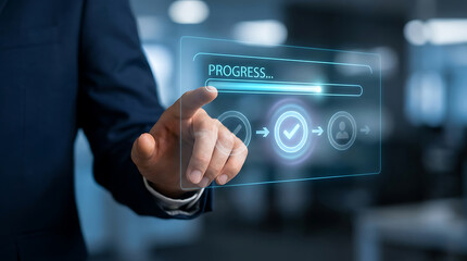 Obraz premium Businessman touching digital interface with progress bar and checklist icons, representing task completion, workflow management and project success.