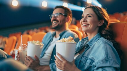 Obraz premium Young couple enjoying a fun movie night out, laughing and sharing popcorn and drinks at the cinema