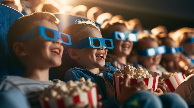 Group of children enjoying 3D movie in cinema, laughing and eating popcorn, creating happy childhood memories