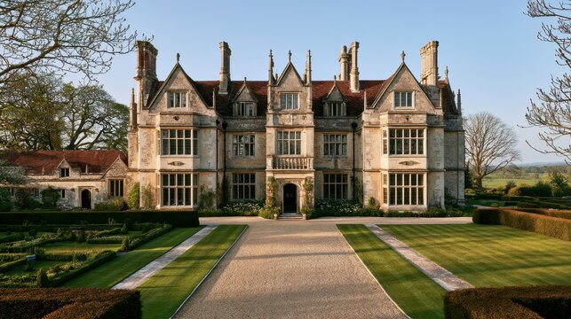 Classic Jacobethan manor on an English estate with stonework, archways, and orderly gardens