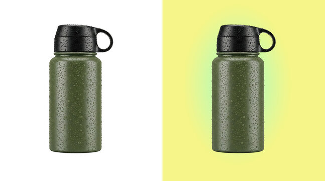 A reusable olive green metal water bottle with a black cap, covered in water droplets, isolated on a white background, for hydration isolated on a transparent background