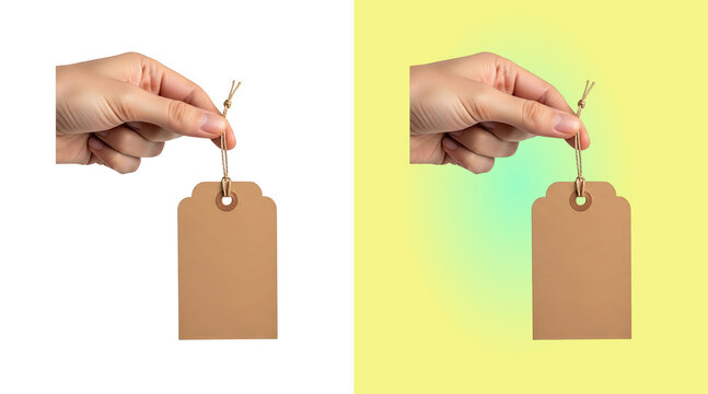 A human hand holding a blank brown paper gift tag with a string isolated on a white background, for retail or, branding product presentation isolated on a transparent background