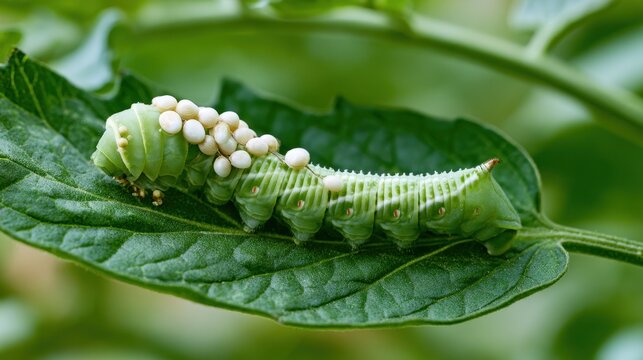 Close-up image of a parasitized hornworm with wasp eggs on leafy foliage