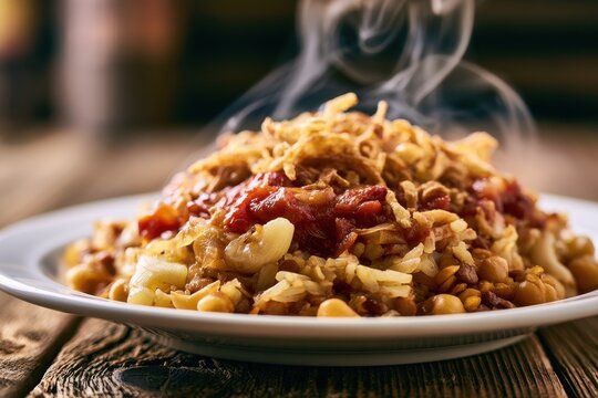 Close-up kushari on a white plate: traditional Egyptian dish with rice, pasta, lentils, chickpeas and fried onions