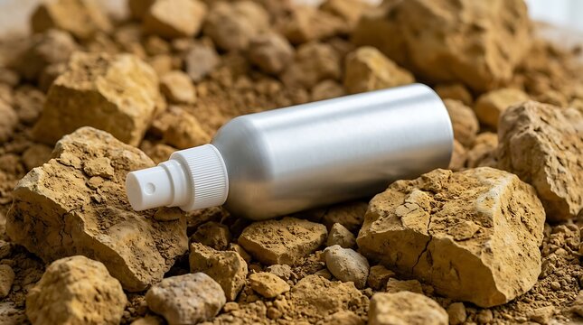Cosmetic spray bottle resting on natural earthy clay rocks for organic skincare branding mockup