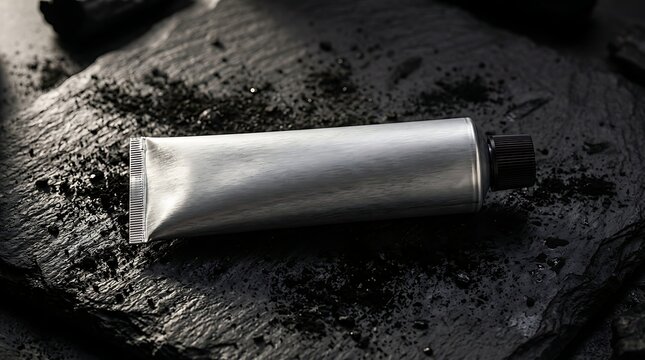 Blank metallic cosmetic tube mockup resting on textured black slate with scattered charcoal dust