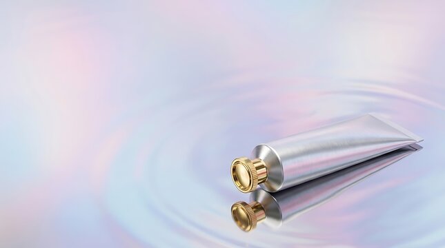 Metallic cosmetic tube with gold cap resting on rippled iridescent surface for skincare branding