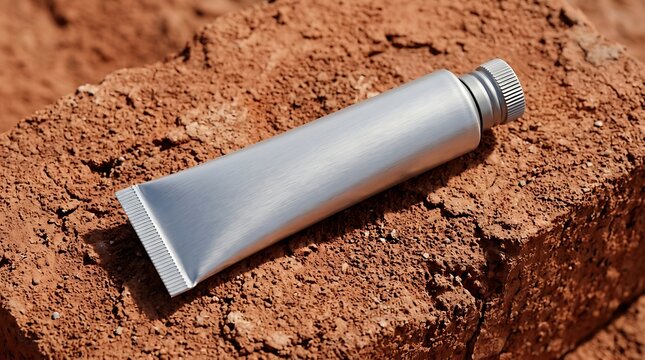 Blank metallic cosmetic tube mockup placed on a rough textured red clay brick surface top view