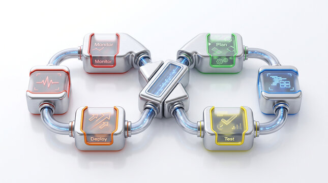 Futuristic connected workflow loop representing software development lifecycle phases with glowing icons with structure composed interconnected interconnected metallic modules