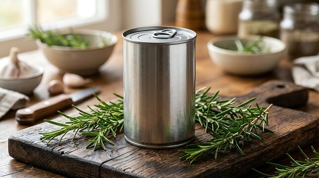 Blank metal tin can standing on a rustic wooden cutting board with fresh green rosemary sprigs