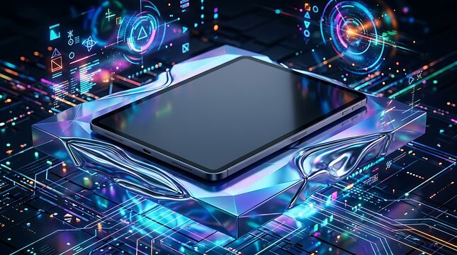 Digital tablet resting on futuristic metallic platform with glowing holographic data interface