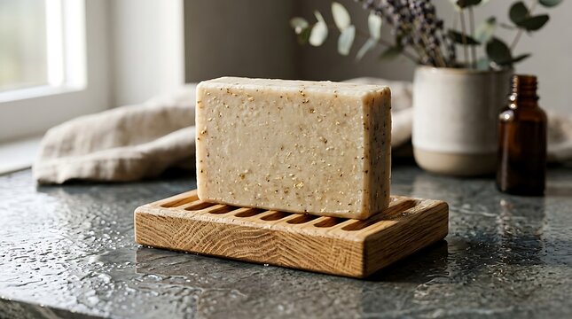 Natural exfoliating soap bar resting on a wooden soap dish beside dried lavender