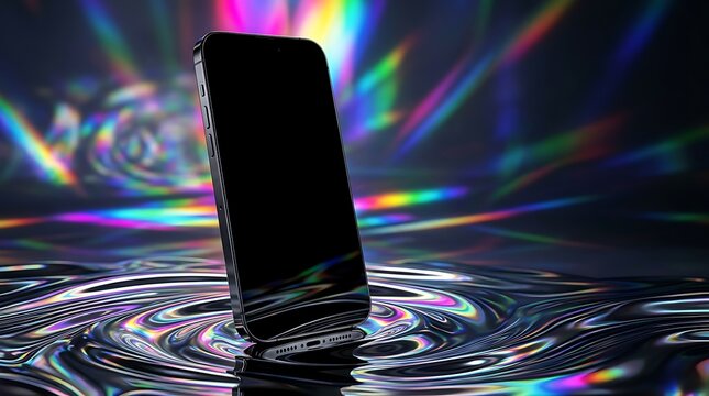 Modern smartphone standing on liquid metal surface with vibrant rainbow light reflections background