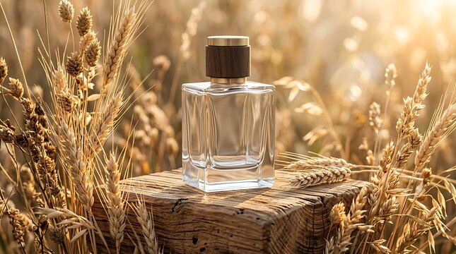 Clear glass perfume bottle displayed on rustic wooden block amidst golden wheat field at sunset