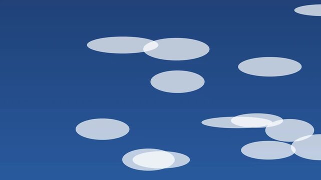 Minimalist white airplane flying through blue sky with flat style clouds in smooth motion video clip