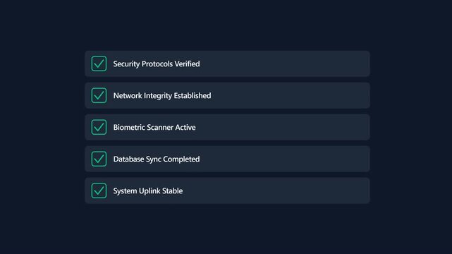 Digital system security checklist animation showing progress of verifying multiple tasks within this modern software footage