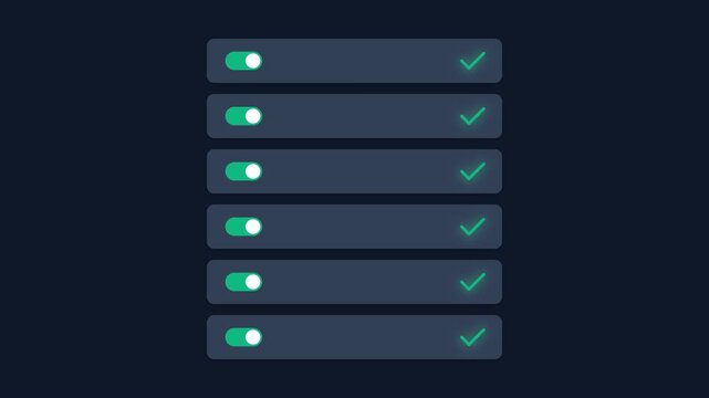 Digital interface toggle switches activating in a sequence for modern user experience website animation motion footage