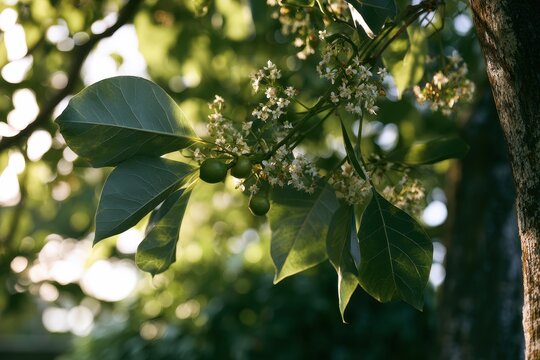 Close-up of a kukui nut tree with tiny white flowers and silvery-green leaves in tropical Hawaii
