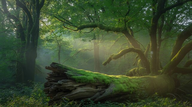 Mystical sunlit forest with ancient mosscovered trees and fallen logs in nature