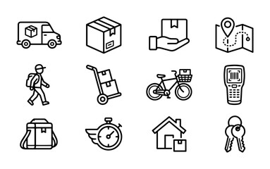 Fototapeta premium Delivery and logistics icons with van, box, hand, map, courier, trolley, bicycle, scanner, bag, stopwatch, house, and keys outline solid styles, UI and web interface.