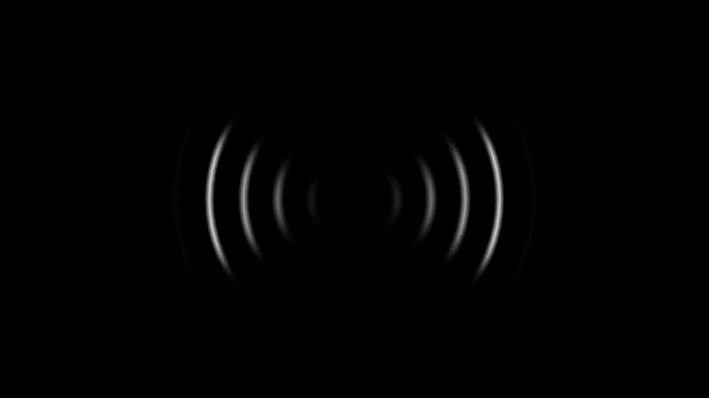 Abstract white circular radio waves expanding from the center on a solid black background representing signal transmission or sound vibration
