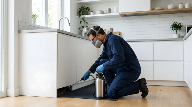 Professional pest control technician wearing protective gear and mask spraying chemical pesticide along kitchen cabinets to prevent rodent infestation.