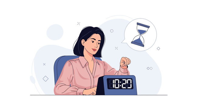 Businesswoman checking time on digital clock, hourglass icon symbolizing deadlines and time management at work
