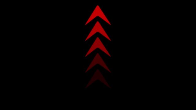 A vertical column of five red chevron arrows pointing upwards arranged in a sequence with decreasing brightness against a solid black background