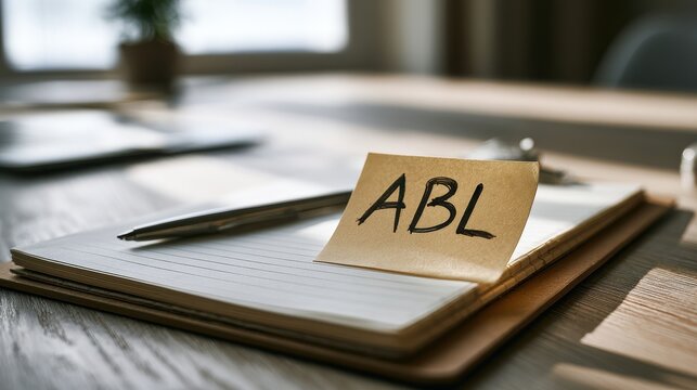 Close-up of a professional office desk with notebook, pen, clipboard and an ABL sticky note
