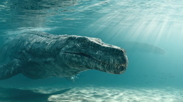 Close-up of a prehistoric marine reptile gliding through turquoise shallow waters