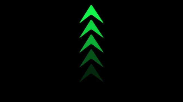 Vertical sequence of green arrows pointing upwards on a black background representing growth progress success and upward movement in data charts