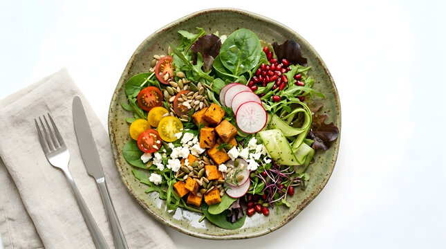 Fresh vibrant salad bowl with vegetables seeds cheese and utensils on white surface transparent background